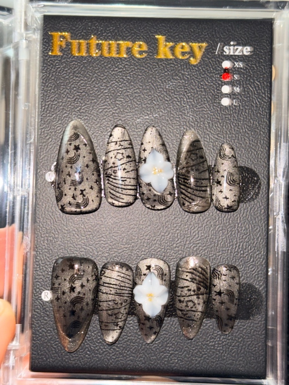 Future key Metallic Black Press-On Nails with White Flower Accent